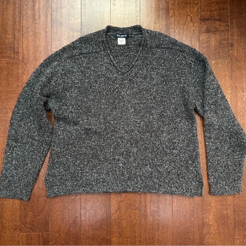 Vintage Men's French Connection Gray V-Neck Fisherman Wool Blend Sweater Size XL